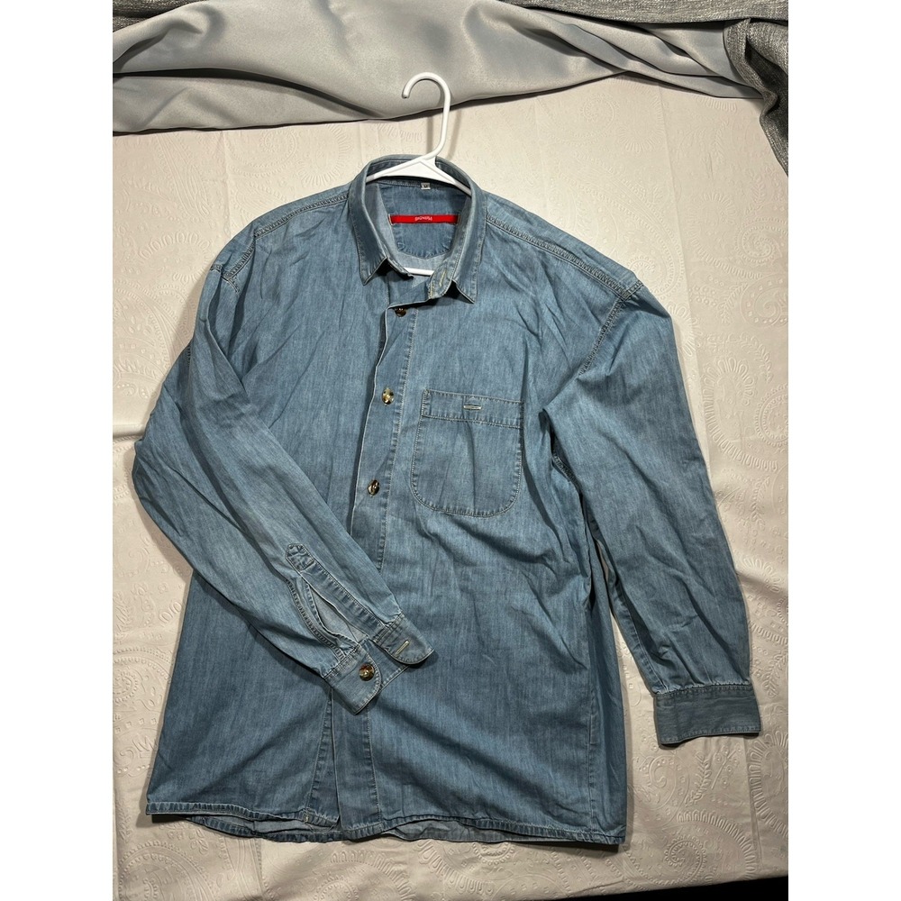 SIGNUM Men's Blue Denim Cotton Long Sleeve Button-Up Point Collar Pockets W
